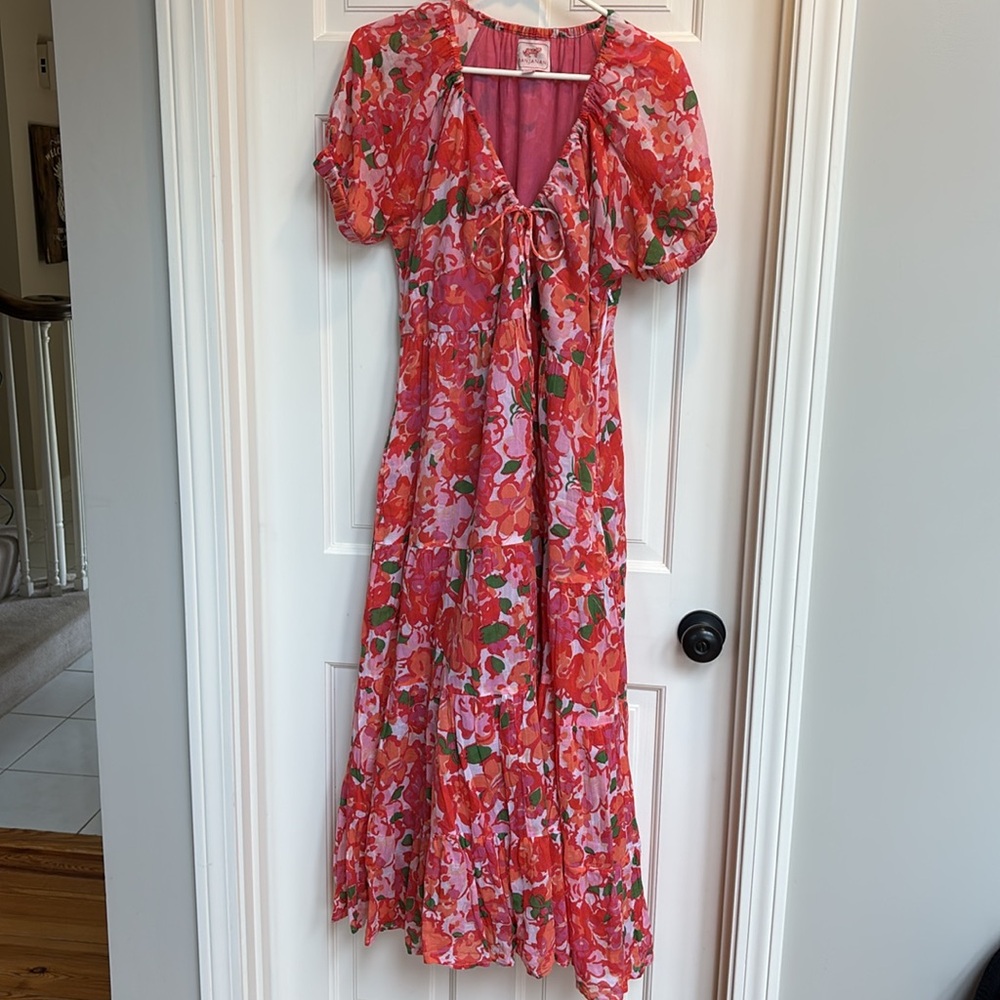 BANJANAN Norma Dress Womens XL Pink Floral Maxi Cotton Short Sleeve Pockets - Picture 8 of 8